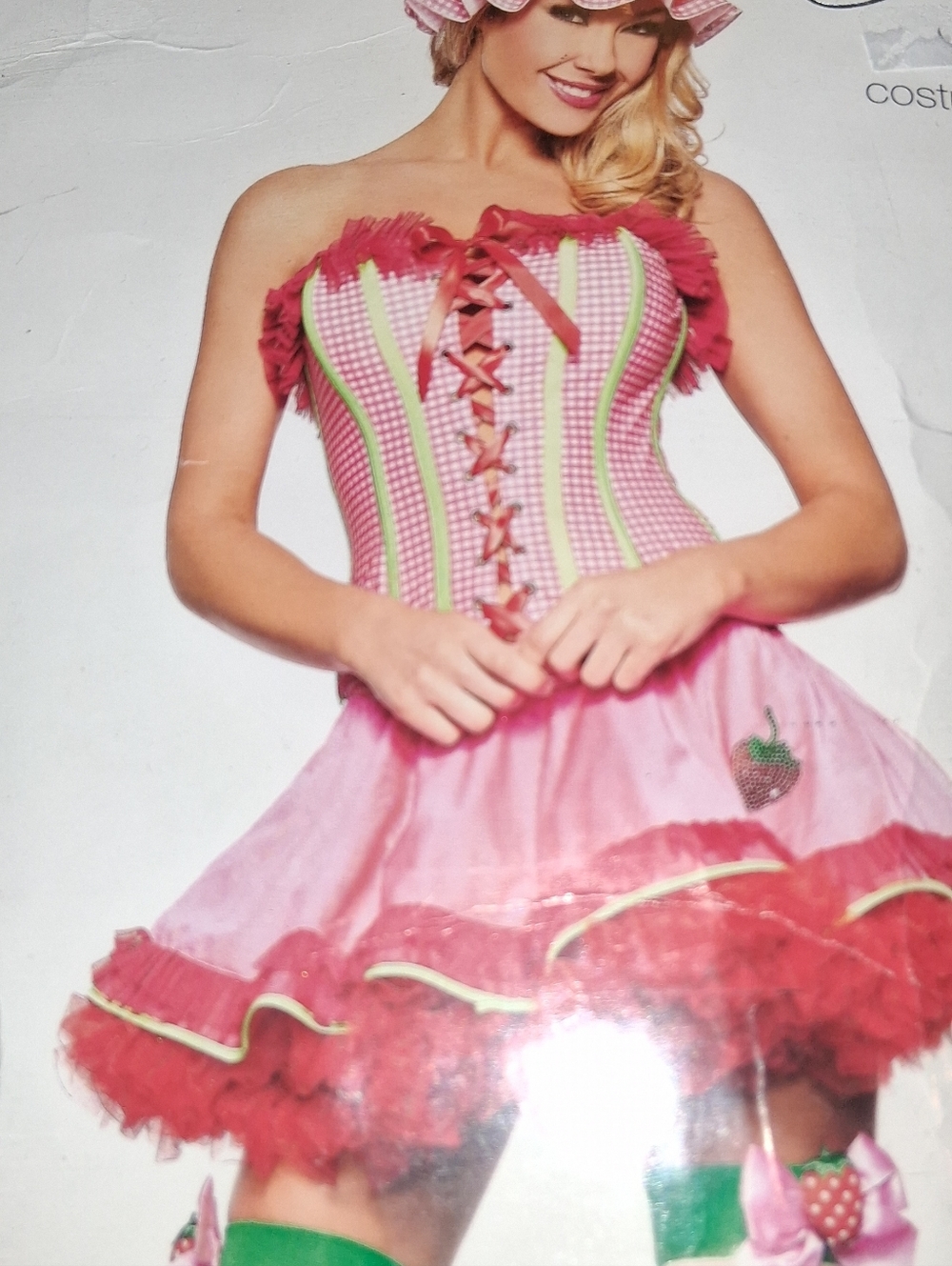 Berry Cute Pink Strawberry Costume with Green Striped Stockings - Picture 3 of 5